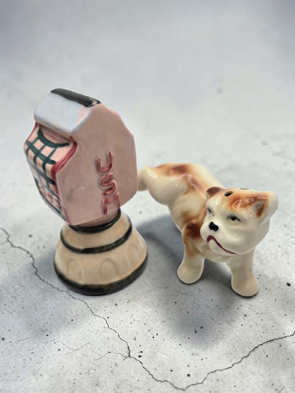 Vintage Japan Dog Watering Mailbox Salt & Pepper Shakers MCM Novelty Ceramics